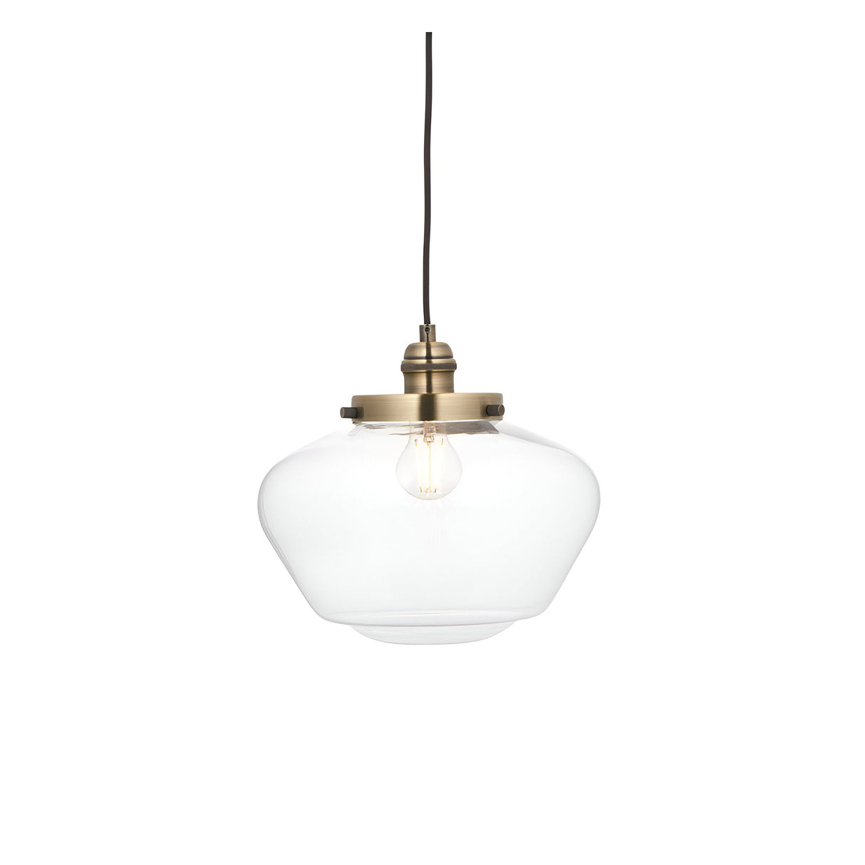 Kedleston Pendant light with a schoolhouse-shaped clear glass shade and brass fitting, single E27 bulb visible, shown on a plain white background.