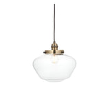 Kedleston Pendant light with a schoolhouse-shaped clear glass shade and brass fitting, single E27 bulb visible, shown on a plain white background.