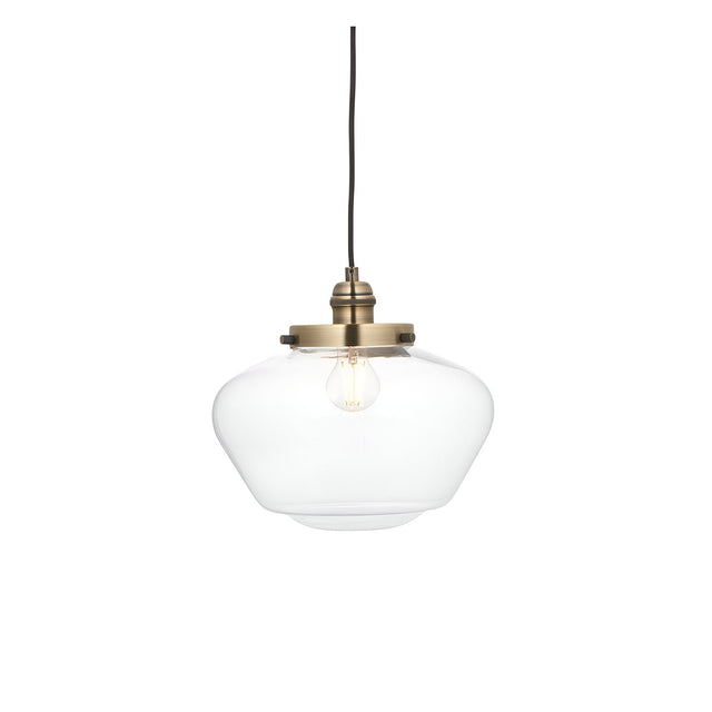 Kedleston Pendant light with a schoolhouse-shaped clear glass shade and brass fitting, single E27 bulb visible, shown on a plain white background.
