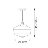 Line drawing of the Kedleston Pendant in brass with a schoolhouse-shaped clear glass shade, showing 30cm diameter and 45-152cm height dimensions.