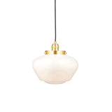 Endon Kedleston pendant light with a brass plated fitting, rounded opal glass school house shade, and black fabric flex on a white background.