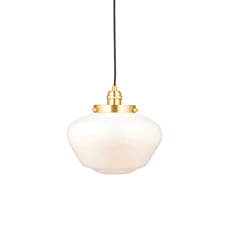Endon Kedleston pendant light with a brass plated fitting, rounded opal glass school house shade, and black fabric flex on a white background.