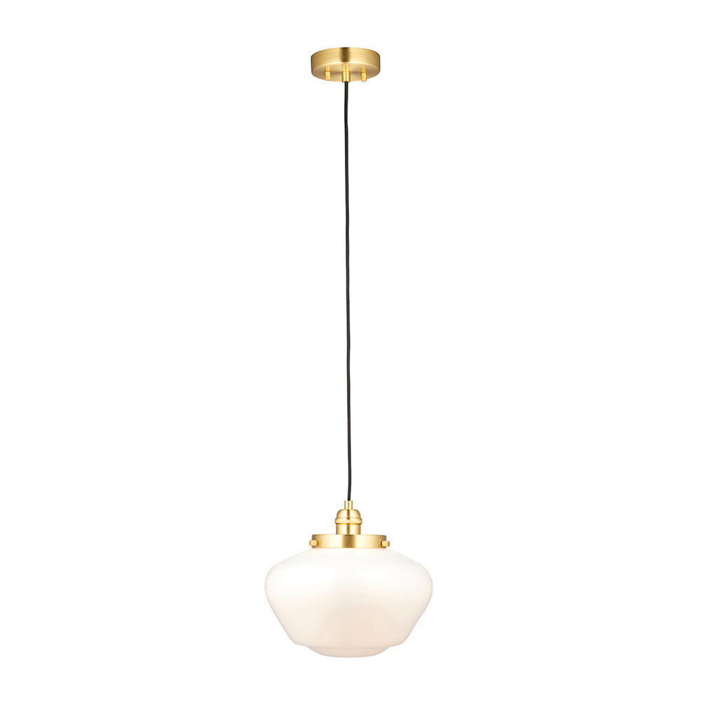 Endon Kedleston pendant light with brass ceiling fitting, black flex, and rounded opal glass schoolhouse shade, shown on a plain white background.