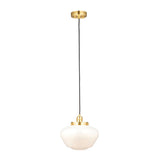 Endon Kedleston pendant light with brass ceiling fitting, black flex, and rounded opal glass schoolhouse shade, shown on a plain white background.