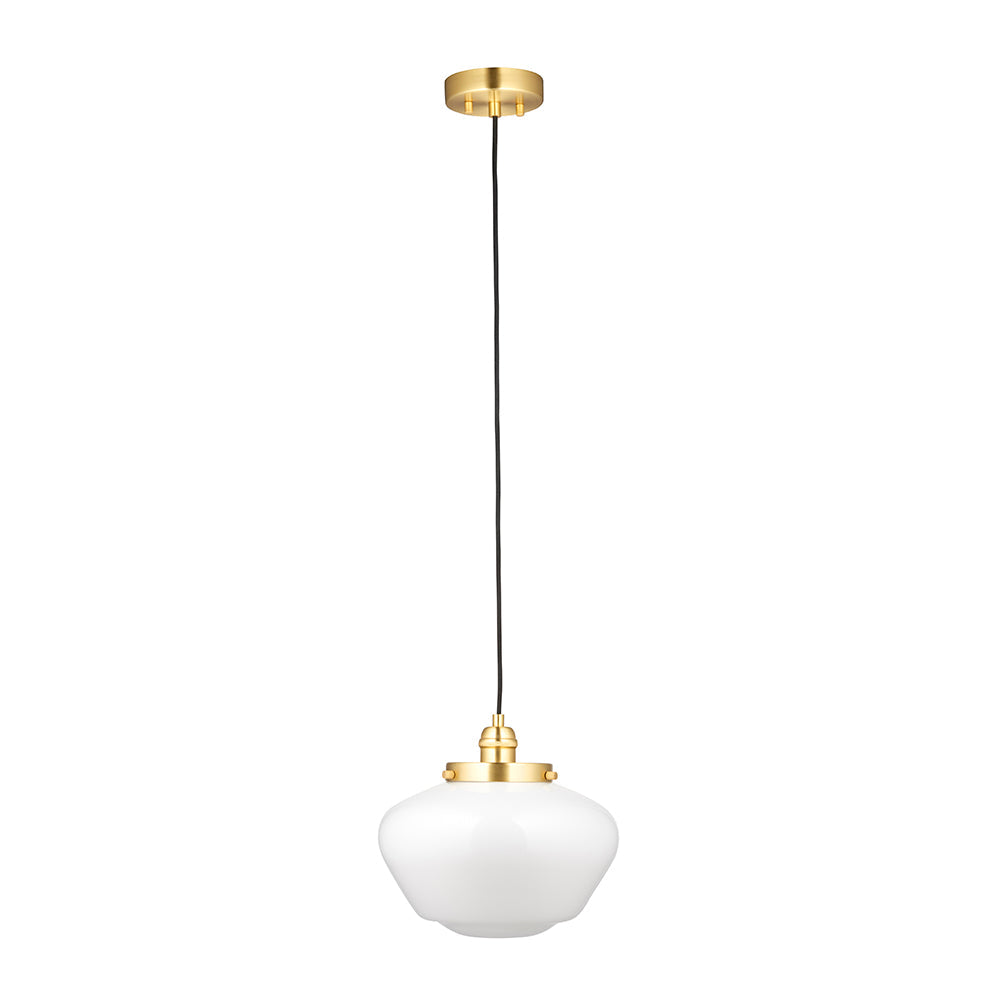 Endon Kedleston pendant light with brass ceiling fitting, black fabric flex and a rounded opal glass schoolhouse shade, on a white background.