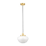 Endon Kedleston pendant light with brass ceiling fitting, black fabric flex and a rounded opal glass schoolhouse shade, on a white background.
