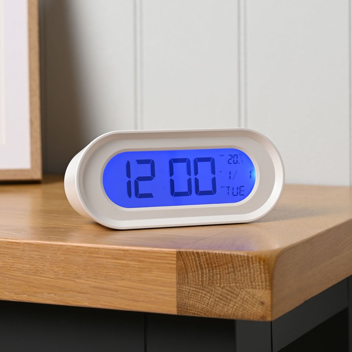 Oval Digital Alarm Clock with Temperature Display - White