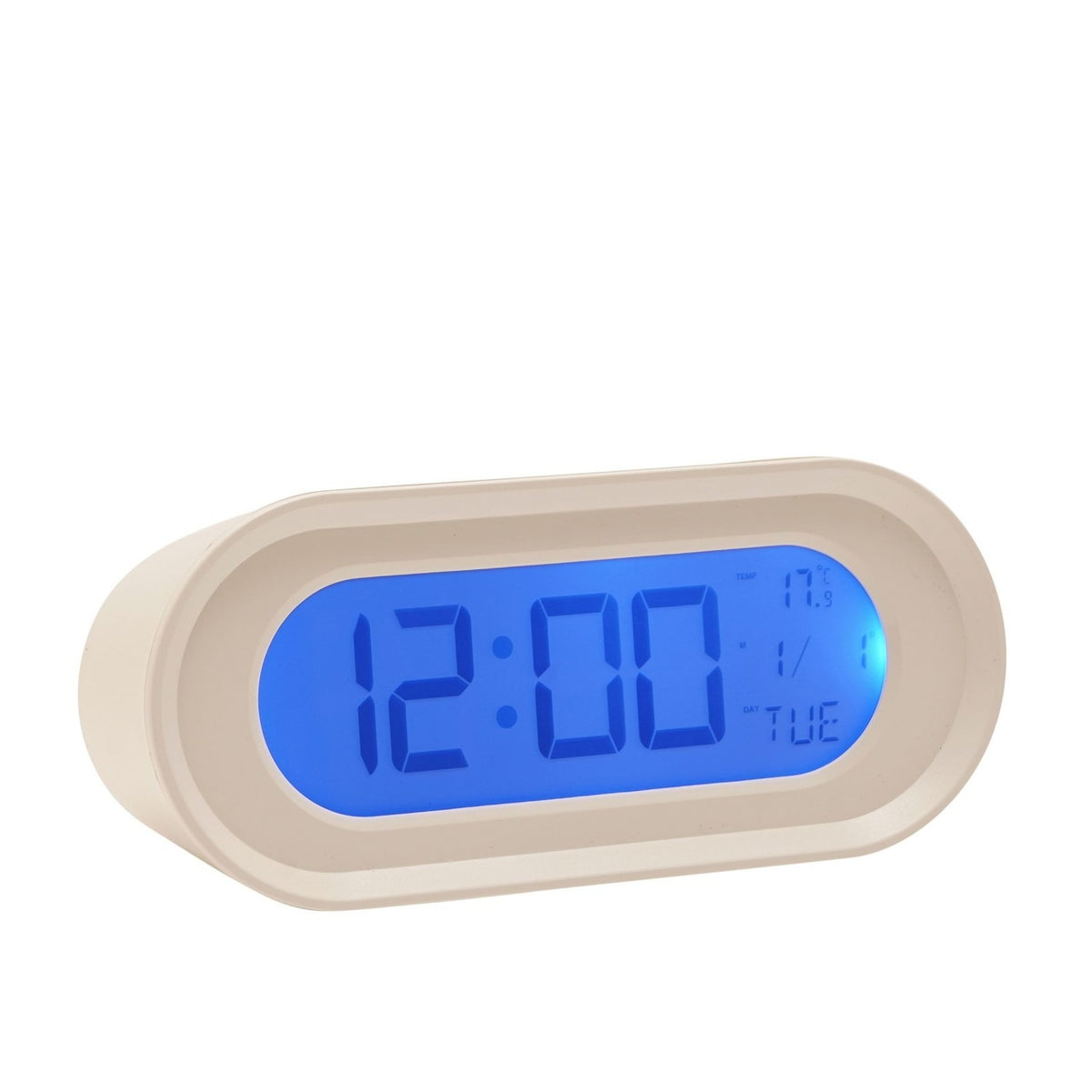 Oval Digital Alarm Clock with Temperature Display - White