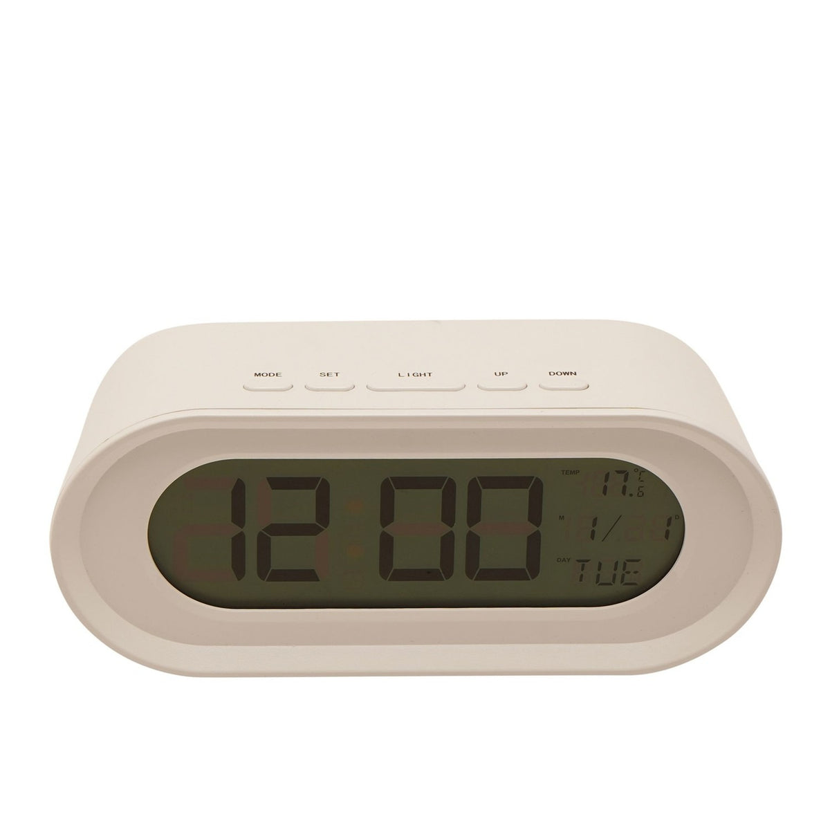 Oval Digital Alarm Clock with Temperature Display - White