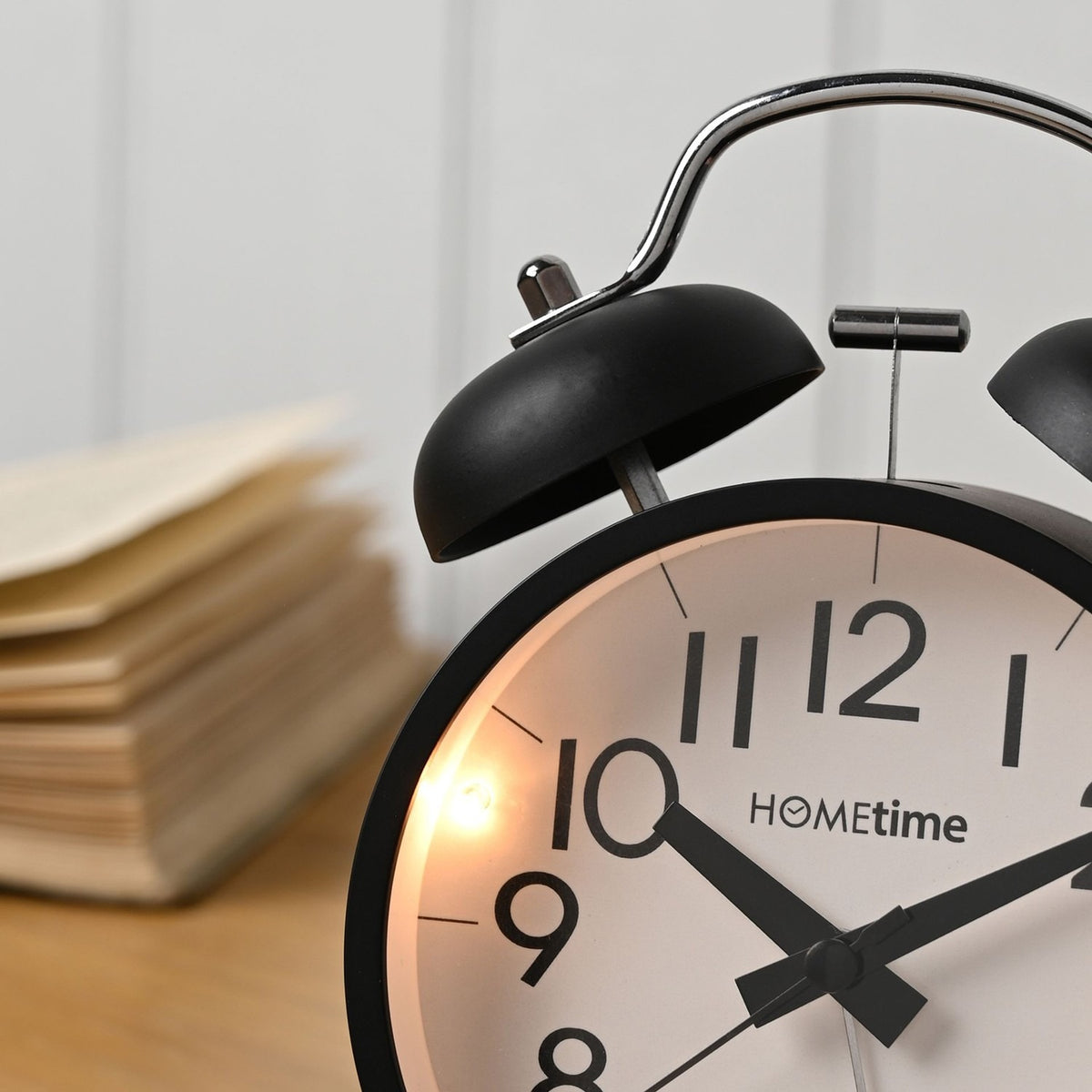 Round Twin Bell Table Alarm Clock with Light - Black & White