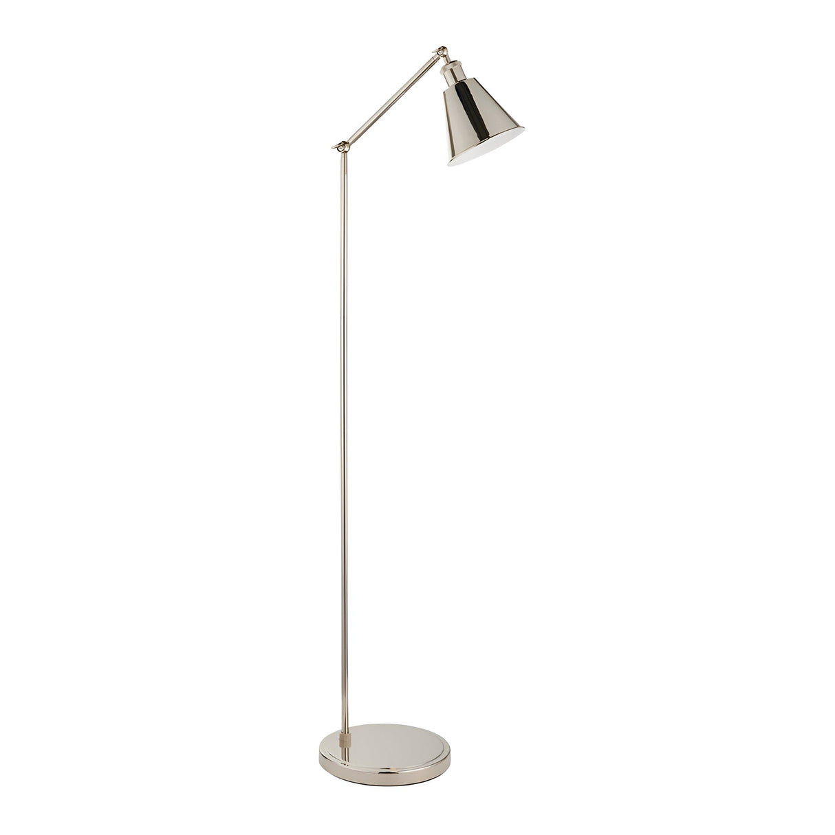 Endon Brackley floor lamp in bright nickel with adjustable arm and head, tapered shade, round base, on a plain white background.