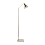Endon Brackley floor lamp in bright nickel with adjustable arm and head, tapered shade, round base, on a plain white background.