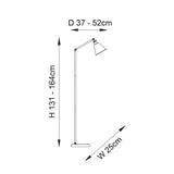 Dimensions diagram of the Endon Brackley nickel floor lamp showing height 131–164cm, width 25cm, and depth 37–52cm on a white background.