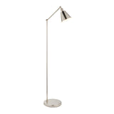 Endon Brackley floor lamp in bright nickel with adjustable arm and conical shade, shown against a plain white background.