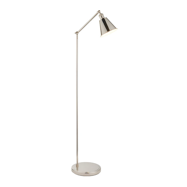 Endon Brackley floor lamp in bright nickel with adjustable arm and conical shade, shown against a plain white background.