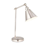 Endon Brackley table lamp in bright nickel with adjustable arm, conical shade, knurled detailing and round base, shown on a plain white background.