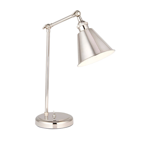 Endon Brackley table lamp in bright nickel with adjustable arm, conical shade, knurled detailing and round base, shown on a plain white background.