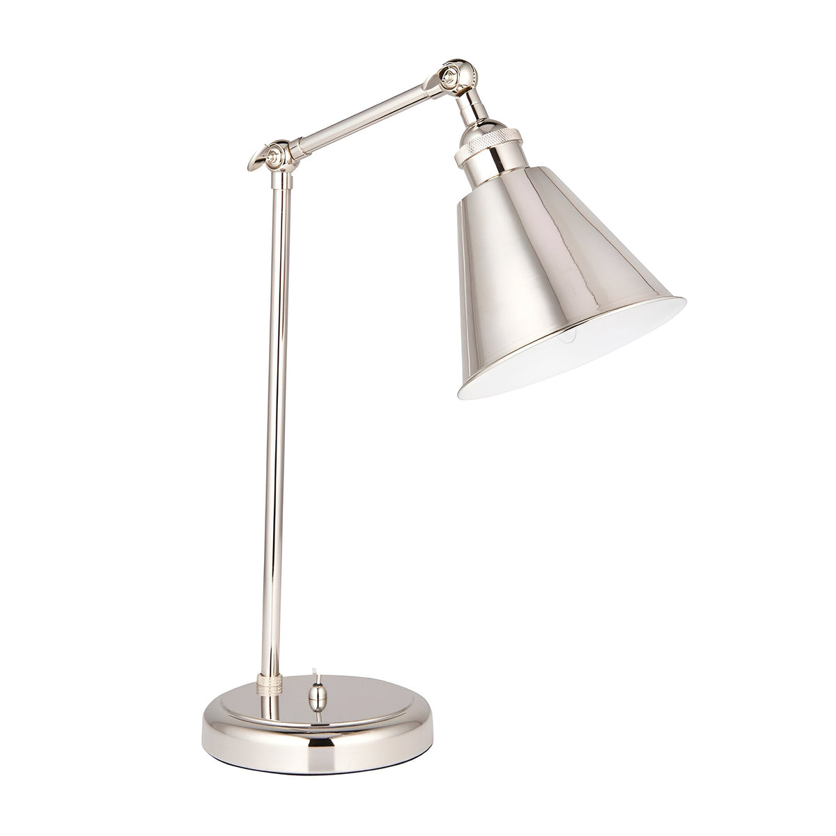 Endon Brackley task table lamp in bright nickel with adjustable arm, knurled joints, conical shade, and round base, shown on a plain white background.