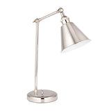 Endon Brackley task table lamp in bright nickel with adjustable arm, knurled joints, conical shade, and round base, shown on a plain white background.