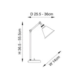 Dimension diagram of the Endon Brackley nickel table lamp showing adjustable height 36.5–55.5cm, depth 25.5–36cm and width 14cm.
