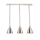 Endon Brackley 3 light linear pendant with nickel conical shades on black flex, suspended from a rectangular ceiling plate on a plain background.