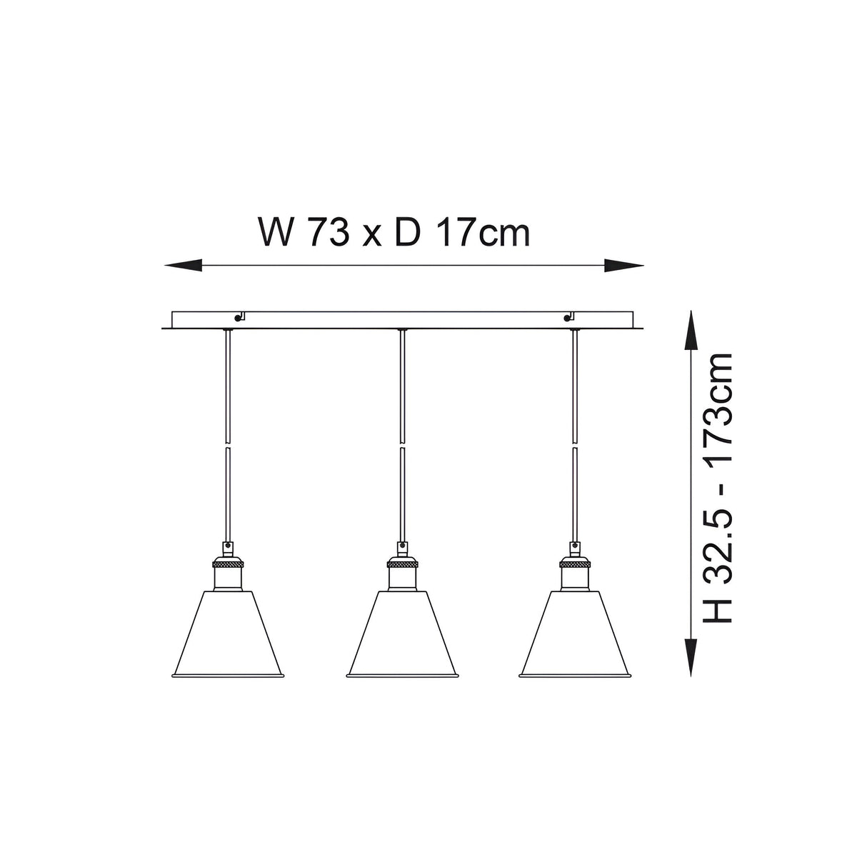 Dimension diagram of the Endon Brackley 3 light linear pendant showing 73cm width, 17cm depth and adjustable 32.5–173cm height.