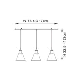 Dimension diagram of the Endon Brackley 3 light linear pendant showing 73cm width, 17cm depth and adjustable 32.5–173cm height.