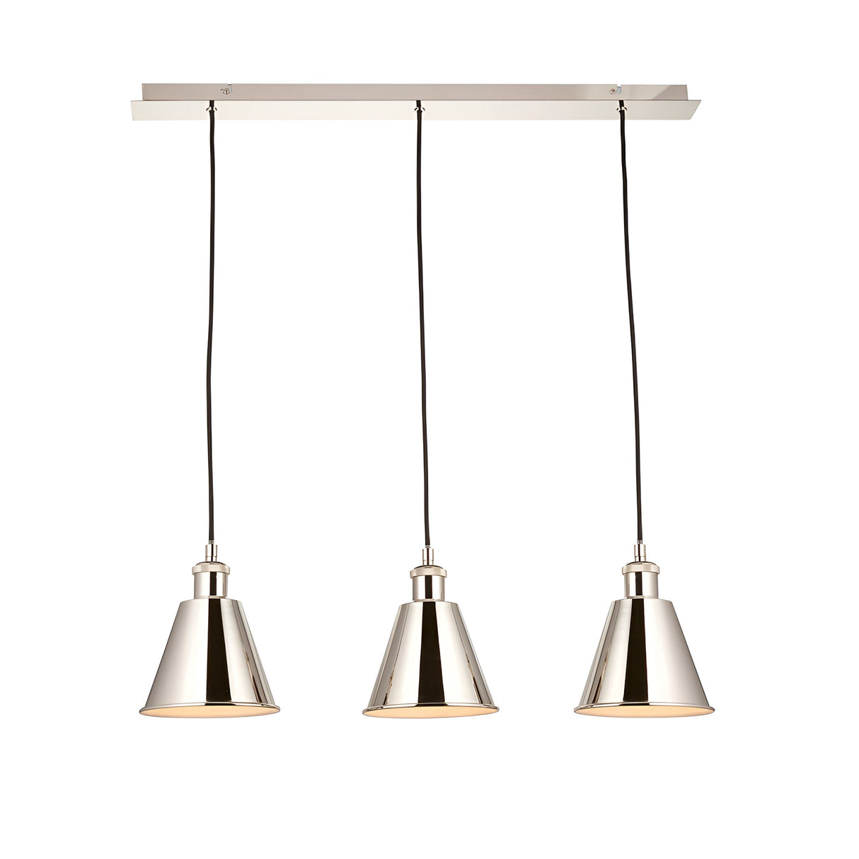 Endon Brackley 3 light linear pendant with nickel conical shades and black flex on a linear ceiling bar, shown on a plain white background.