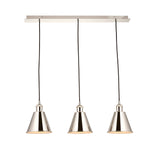 Endon Brackley 3 light linear pendant with nickel conical shades and black flex on a linear ceiling bar, shown on a plain white background.
