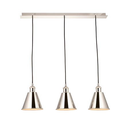 Endon Brackley 3 light linear pendant with nickel conical shades and black flex on a linear ceiling bar, shown on a plain white background.