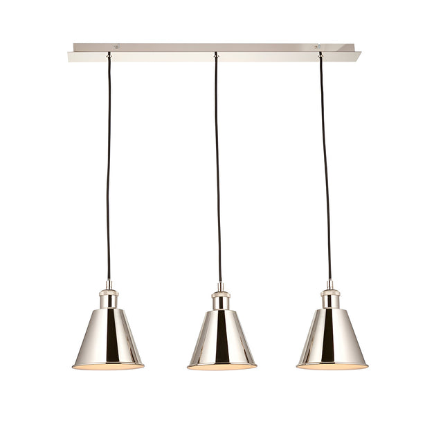 Endon Brackley 3 light linear pendant with nickel conical shades and black flex on a linear ceiling bar, shown on a plain white background.