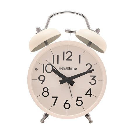 Round twin bell table alarm clock in white, with chrome carry handle, twin bells and feet, black numerals and hands on a white dial, shown on a plain background.