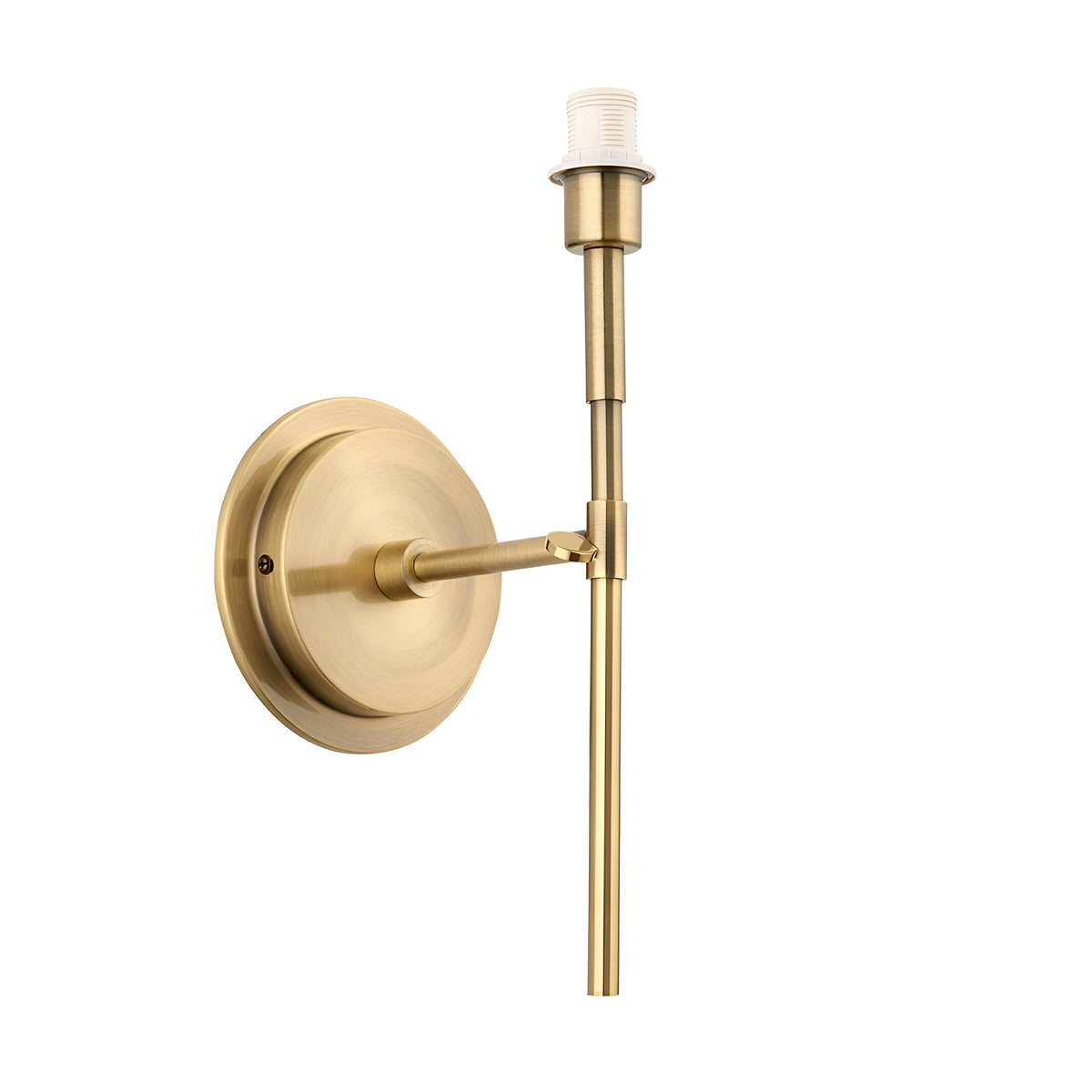 Chartwell Wall Light in brass metal, a single-arm bracket fixture with round backplate and E14 candle lamp holder, shown on a plain white background.