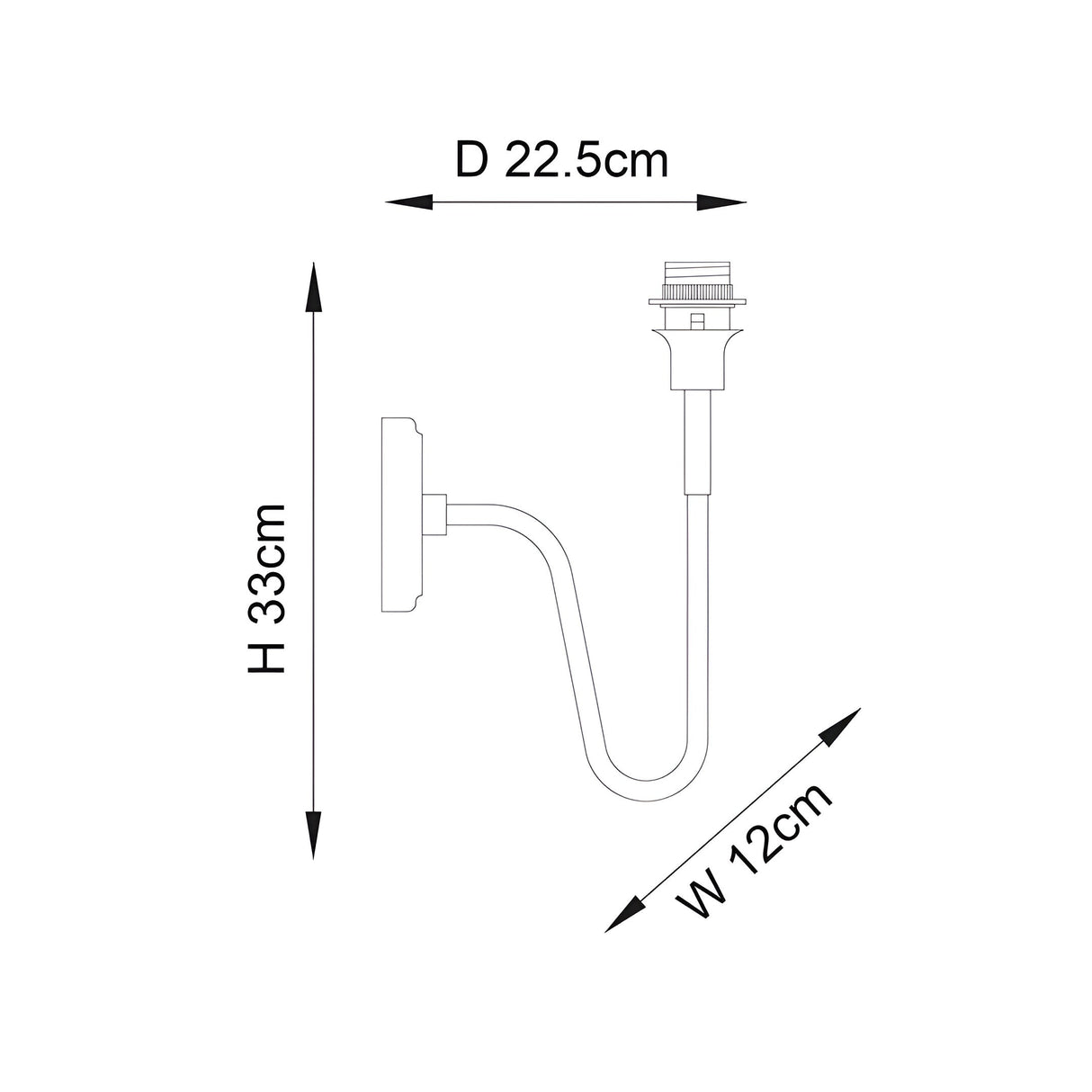 Technical dimension diagram of the Endon Cliffdon wall light showing height 33cm, depth 22.5cm and width 12cm with E27 lamp holder.