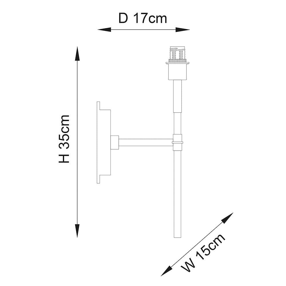 Dimensioned line drawing of the Endon Chartwell wall light in nickel, showing 350mm height, 150mm width and 170mm projection with E14 lamp holder.