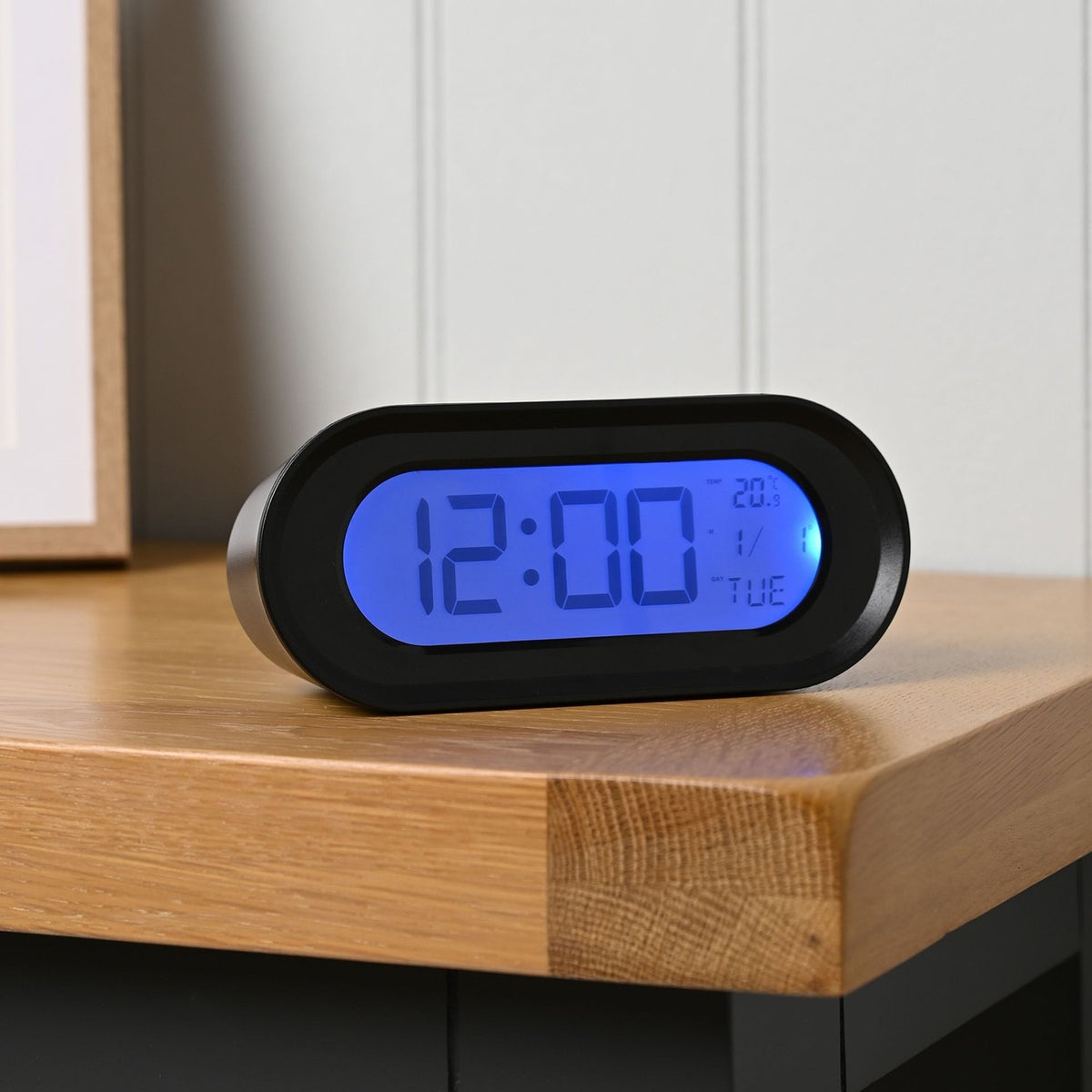 Oval Digital Alarm Clock with Backlit LCD Display - Black