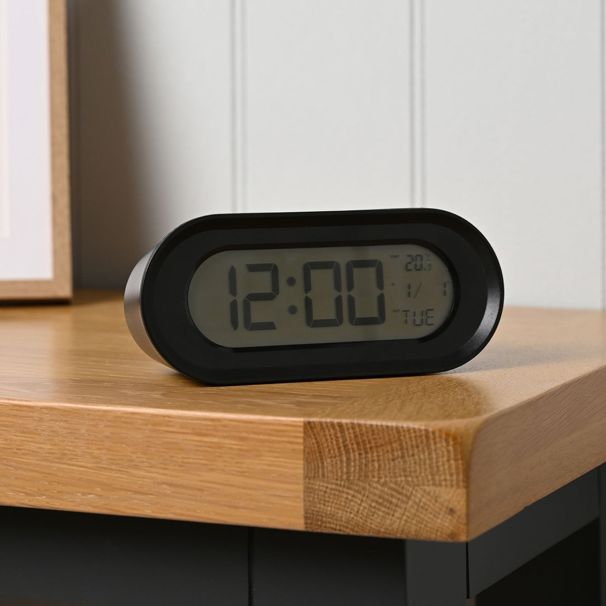 Oval Digital Alarm Clock with Backlit LCD Display - Black