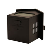 House Digital Alarm Clock with Snooze and Light in black, house-shaped with pitched roof, digital display, Light/Snooze button and four-pane window cutout, shown on a white background.