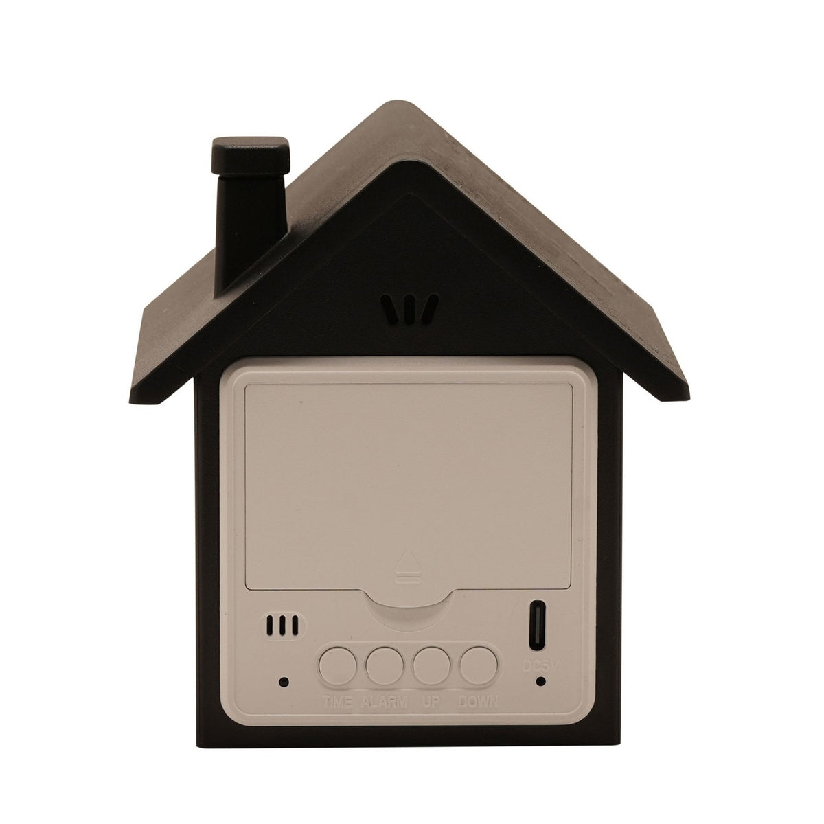 House Digital Alarm Clock with Snooze and Light in black, rear view showing speaker grille, control buttons labelled Time, Alarm, Up, Down, and port, on a white background.