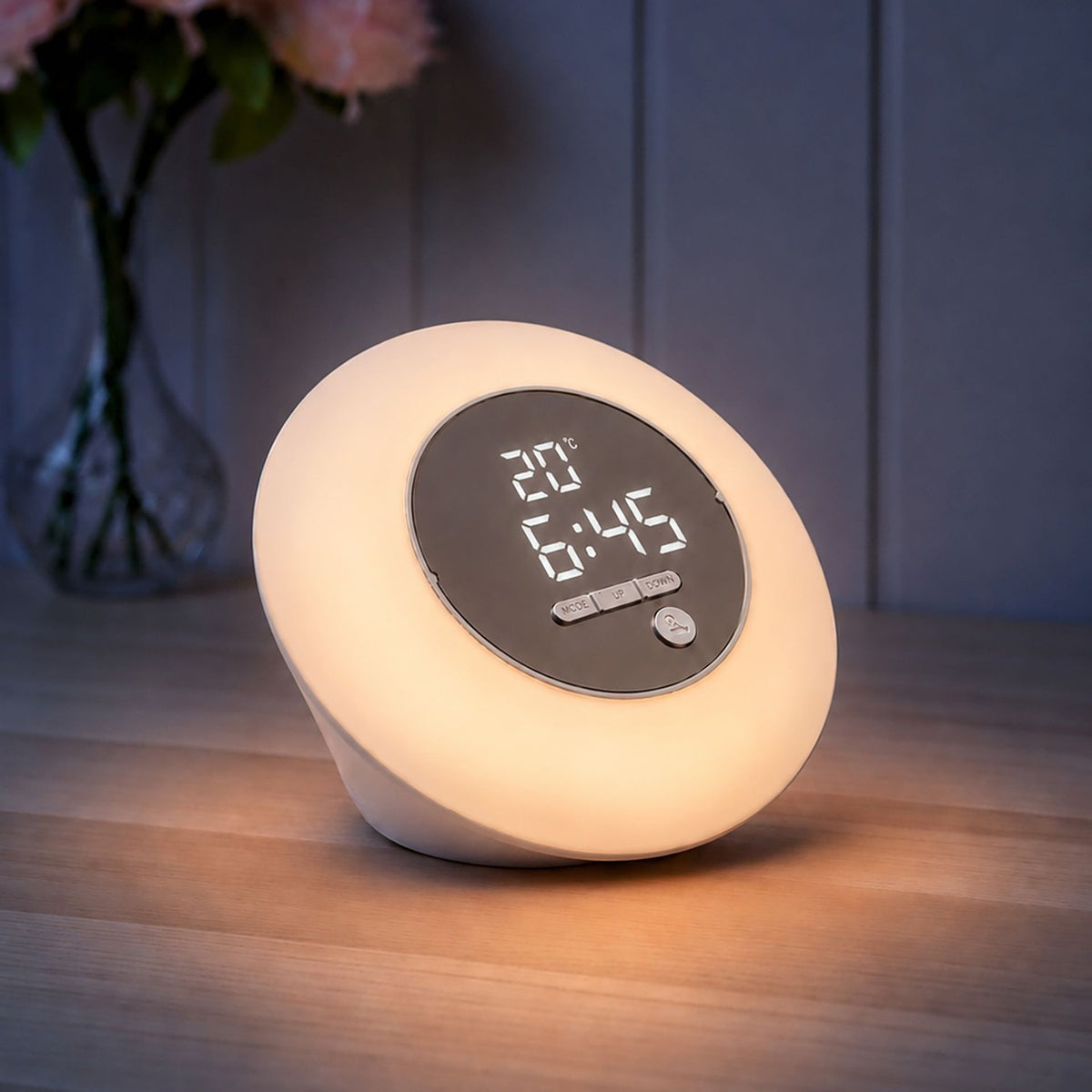 Round Wake Up Light Alarm Clock with Snooze - White & Silver