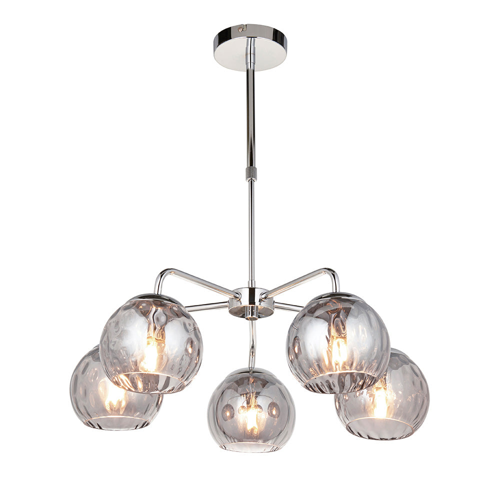 Draycott 5-light dimpled glass pendant in chrome with smokey mirrored globe shades on angular arms, shown on a white background.
