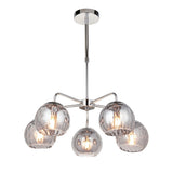 Draycott 5-light dimpled glass pendant in chrome with smokey mirrored globe shades on angular arms, shown on a white background.