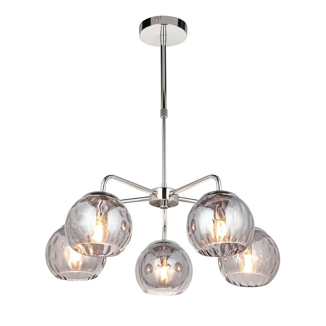Draycott 5-light dimpled glass pendant in chrome with smokey mirrored globe shades on angular arms, shown on a white background.