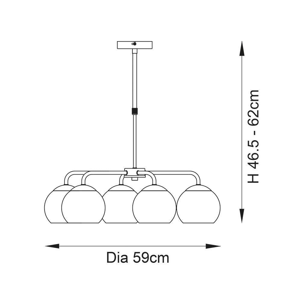 Line drawing of the Draycott 5 Light Dimpled Glass Pendant in chrome, showing five globe shades, adjustable rod, and dimensions: Dia 59cm, H 46.5-62cm.