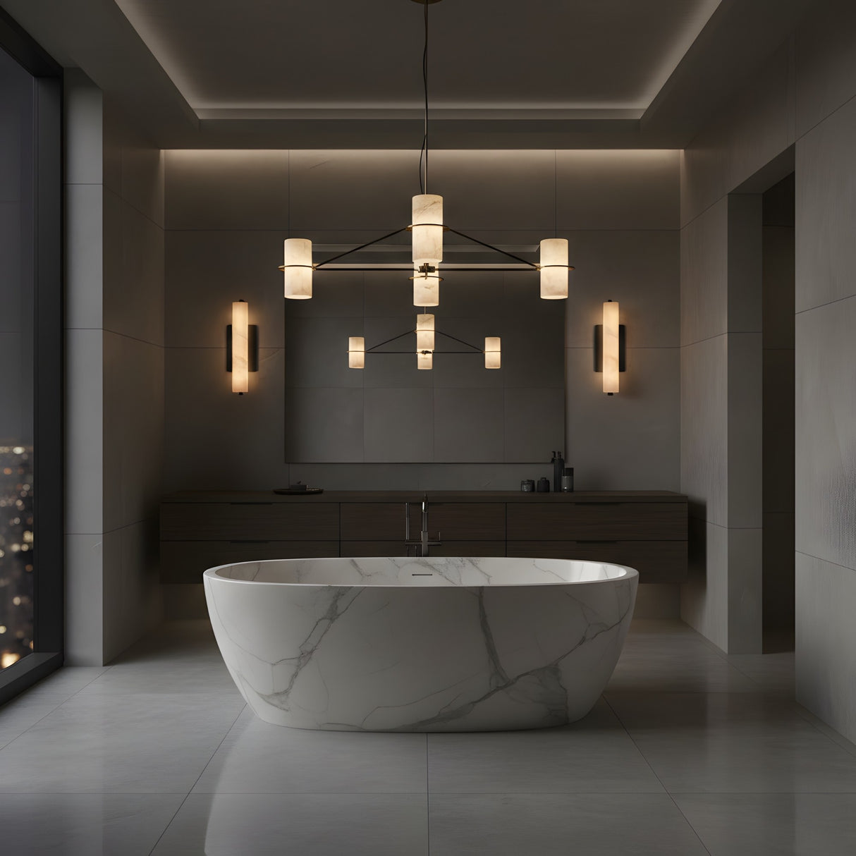 A modern bathroom with a large oval marble bathtub, wide mirror, dark wood vanity, and city views through a tall window is softly illuminated by Selvara LED Small Alabaster Wall Lights in Matte Black & Soft White for minimalist elegance.