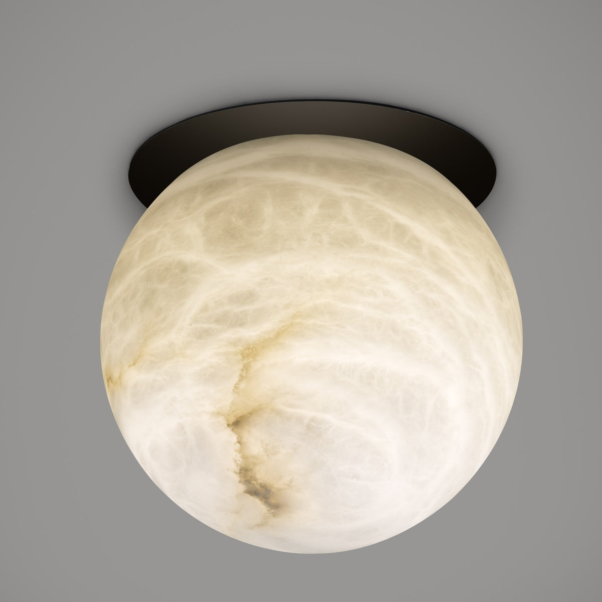 Halvessa LED Alabaster Dimmable Downlight in Black, a round alabaster globe with cream and honey veining beneath a slim black ceiling plate, shown on a plain grey background.