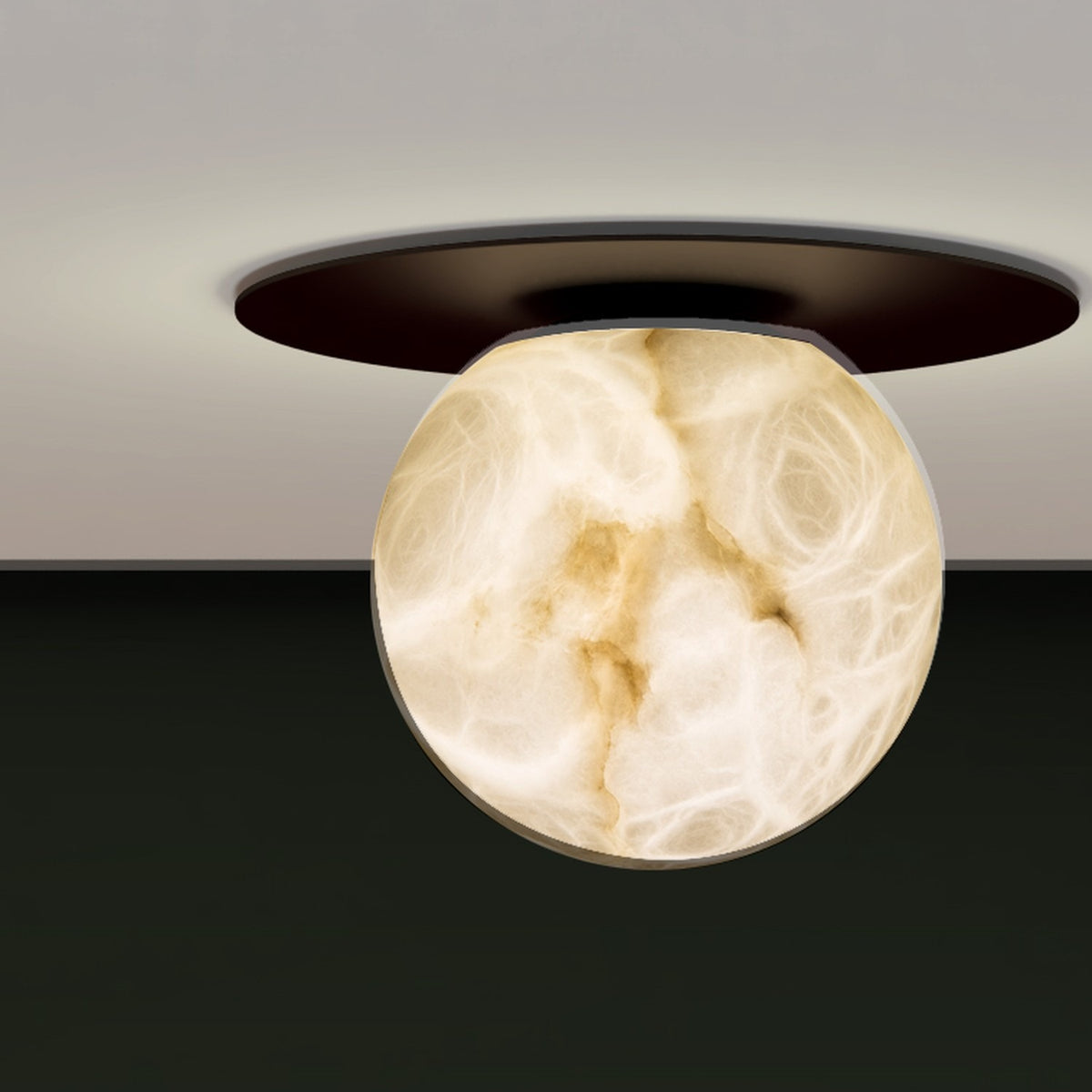 Halvessa LED Alabaster Dimmable Downlight in Black, round alabaster globe with cream and honey veining set beneath a slim black ceiling plate, mounted flush to a light grey ceiling.