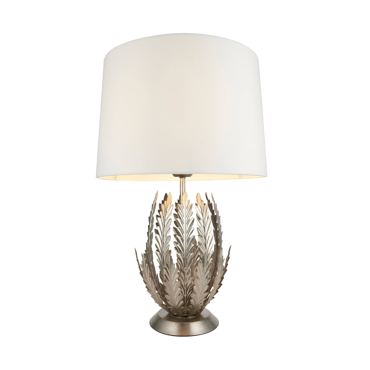 Endon Colette table lamp with layered silver metal leaf base and ivory cotton drum shade on a plain white background.