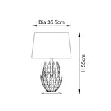 Dimension diagram of the Endon Colette table lamp showing 55cm height and 35.5cm shade diameter with layered silver leaf base and tapered shade.