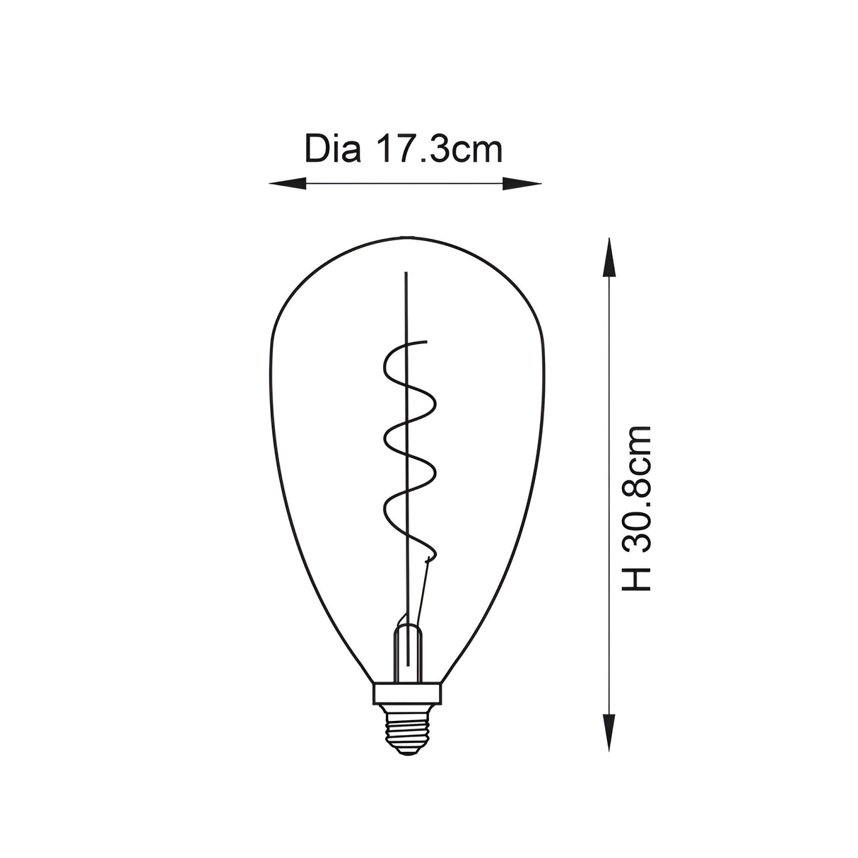 Line drawing of the 4W E27 LED Filament Wisp Bulb showing a teardrop-shaped smoke glass body with spiral filament, E27 base, dimensions Dia 17.3cm x H 30.8cm.